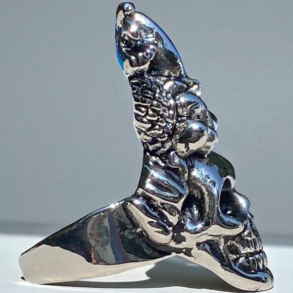 Silver Stainless Steel Skull Ring With Fruit Hat Size 10 - Picture 3 of 7